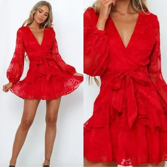 Hello Molly Red Long Sleeve Wrap Mini Dress - Picture 1 of 7